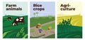 Illustrations of farm animals, rice crops, agriculture