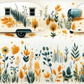 Illustrations of floral designs and RV campers in nature-inspired styles (tiled