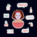 Illustrations of a girl in a circle of makeup tools. Care cosmetics, spa, mask, cream, jars, tubes in a circle of the