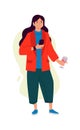 Illustrations of a girl with a glass of wine and a phone. Vector. A woman is shopping or surfing on the phone. Rest and party. Cha