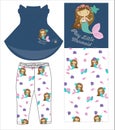 girls denim frocks with leggings little mermaid print vector