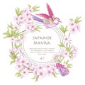 Illustrations with Japanese blossom pink sakura and birds with p Royalty Free Stock Photo