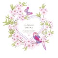 Illustrations with Japanese blossom pink sakura and birds with p Royalty Free Stock Photo