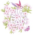 Illustrations with Japanese blossom pink sakura and birds and wo Royalty Free Stock Photo