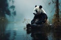 Illustrations of pandas sitting by a misty forest pond on a riverbank