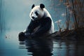 Illustrations of pandas sitting by a misty forest pond on a riverbank