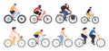 Illustrations of people on bicycles of different types for leisure and various sports. Two-wheeled transport. Vector