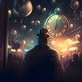 Illustrations, people gazing at the clock Striking midnight of the new year. New Year\'s celebrations