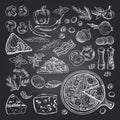 Illustrations of pizza ingredients on black chalkboard. Pictures set of italian kitchen Royalty Free Stock Photo