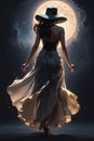 Illustrations romantic graceful movements back side woman dancing with the moon.