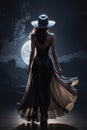 Illustrations romantic graceful movements back side woman dancing with the moon.