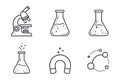 Illustrations of scientific tools and symbols include a microscope, Erlenmeyer flasks, a magnet, and an atomic model Royalty Free Stock Photo