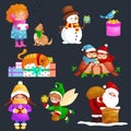 Illustrations set Merry Christmas Happy new year, girl sing holiday songs with pets, snowman gifts, cat and dog enjoy Royalty Free Stock Photo