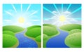 Illustrations with set simple summer landscapes, winding river against green shores and Sunny sky