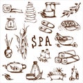 Illustrations set for spa salon. Candles, oils, depilation. Beauty therapy and spa relaxation for wellness vector. Hand drawn set