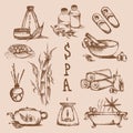 Illustrations set for spa salon. Candles, oils, depilation. Beauty therapy and spa relaxation for wellness vector. Hand drawn set