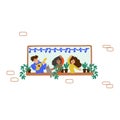 Illustrations showing families and neighbors are at home. Hand-drawn drawing. Enjoy being at home, home comfort. Leader