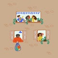 Illustrations showing families and neighbors are at home. Hand-drawn drawing. Enjoy being at home, home comfort. Leader