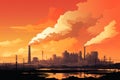 illustrations silhouette factory emit smoke Gradient orange back ground. Generative AI
