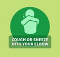 Illustrations of simple icon people cough or sneeze with text COUGH OR SNEEZE INTO YOUR ELBOW.