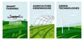 Illustrations of smart farming, wind turbine and greenhouse in agriculture