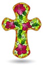 Stained glass illustration with Christian cross with pink flowers