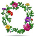 Stained glass illustration with  flower wreath, flower frames isolated on a white background Royalty Free Stock Photo