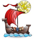 An illustrations in the style of stained glass with Viking boat, isolated on a white background Royalty Free Stock Photo