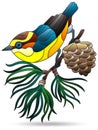 An illustrations in the style of stained glass windows with a bird on fir branch, bird isolated on a white background Royalty Free Stock Photo