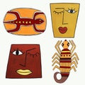 Illustrations stylized as African motifs. Elements drawn in gouache on paper. Clip art Isolated on a white background. For