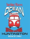 summer bus surfing waves print vector art