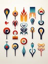 Illustrations of tribal icons in different colors and shapes