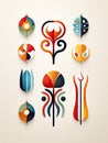 Illustrations of tribal icons in different colors and shapes