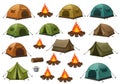 Illustrations of various camping tents and campfires set against a Royalty Free Stock Photo