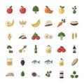 Illustrations of various food items and ingredients arranged in a grid. Includes apples Royalty Free Stock Photo