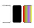 Illustrations and vectors, top view, 3 types of smartphones, white, black, and rainbow screens