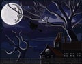 The illustrations for Walpurgis night or Halloween decoration. Which contains a witch, trees, clouds, and stars, house, and fence