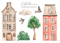 Watercolor set with cute old Amsterdam city houses, trees, clouds, birds Royalty Free Stock Photo