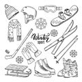 Illustrations of winter sport. Scarf, gloves, ski and others