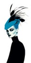 Illustrations Of A Woman With Blue And Black Feathers In The Style Of Philip Treacy