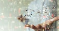 Illustrative big data and cybersecurity blockchain floating above a hand
