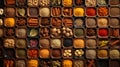 Illustrative concept of various Indian spices in small cups, top down view