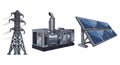 Illustrative depiction of electricity generation and distribution technologies on a white background. Royalty Free Stock Photo