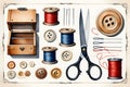 A collection of sewing essentials arranged in a decorative artistic display Royalty Free Stock Photo