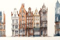 Illustrative design in watercolor style with Amsterdam row house buildings. Classic architecture.