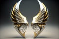 Illustrative design of wings made of silver and gold. 3D illustration.