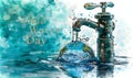 Illustrative design of World Water Day with a tap dripping onto a globe against a water background, highlighting the Royalty Free Stock Photo