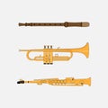 Illustrative designs of various blown musical instruments