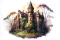 Illustrative drawing of an abandoned castle. Watercolor style painting with white edges. Royalty Free Stock Photo