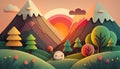 Illustrative drawing of mountains and some trees. Multicolored cartoon style.